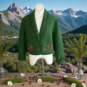 Geiger Green Boiled Wool Jacket Tyrolean Embroidered Floral Size 40